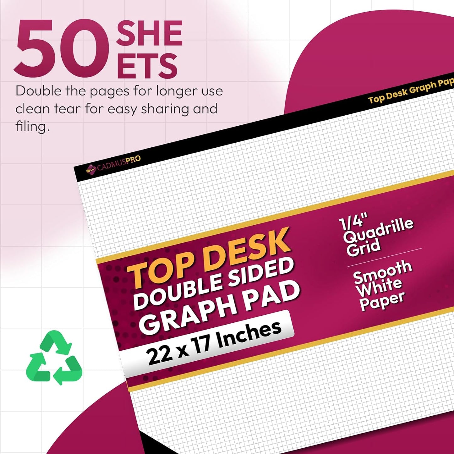 CADMUSPRO Graph Paper Pads 8.5x11 inch, 50 Sheets, Double-Sided, 80 GSM Quadrille Grid Math Notebook for students, Engineering Pad & Blueprint Drafting Paper, Architecture Sketch