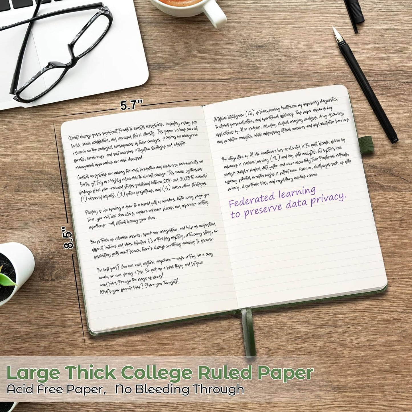 College Ruled Notebook, A5 Hardcover Leather Notebook for Work, Lined Notebook Journal for Women, Men, 100GSM Thick Paper, Large Notebook with Pockets, Professional Business Notebook, Light Green