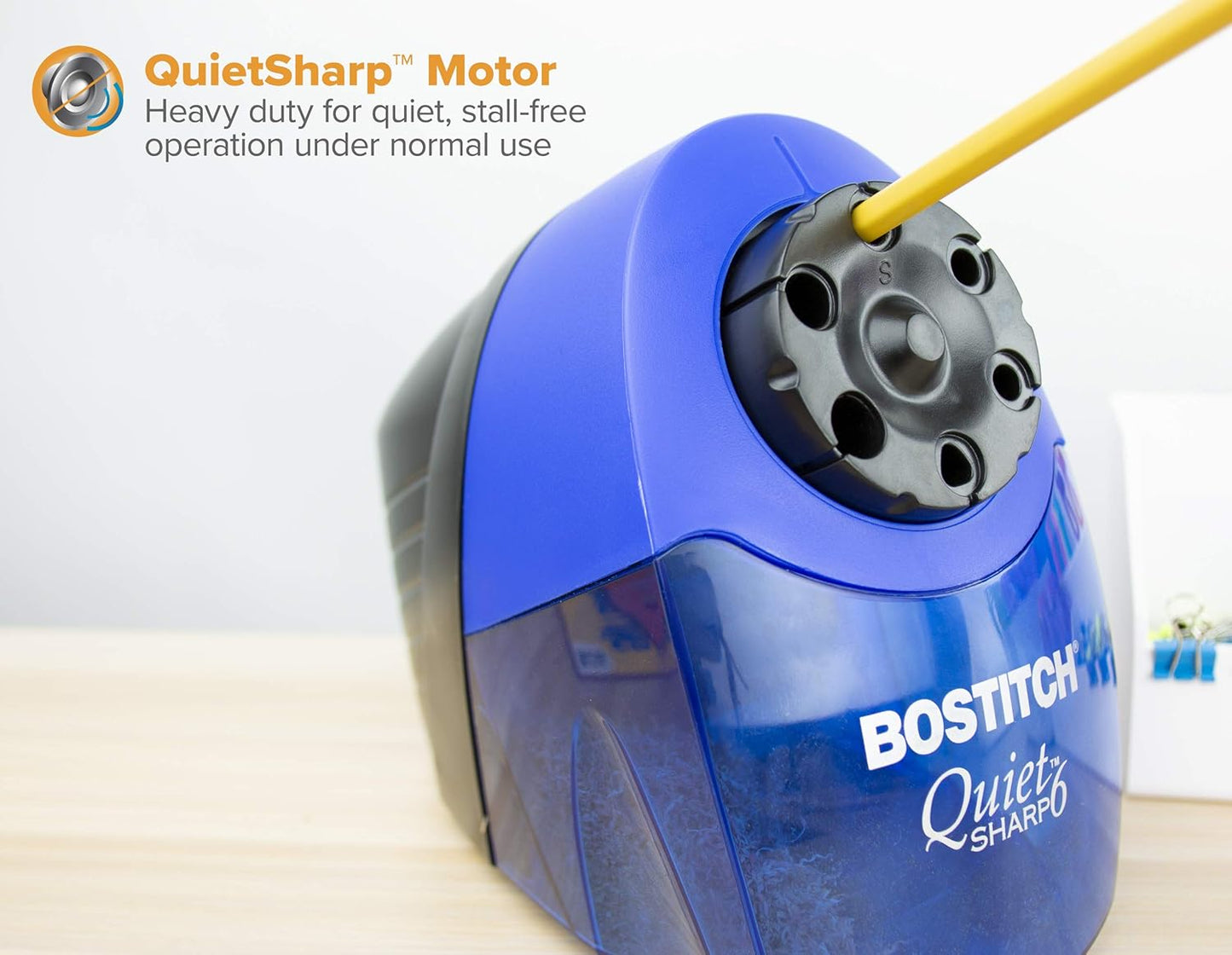 Bostitch Office QuietSharp Electric Pencil Sharpener, Heavy Duty Classroom or Office Use, Size Selector with 6 Different Sizes, Blue