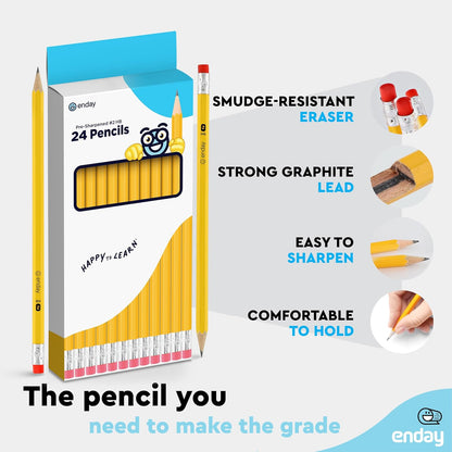 Enday Presharpened #2 Pencils 24 Count, Wood-Cased Yellow Sharpened Pencils with Latex-Free Eraser, for School, Office and Classroom Supplies