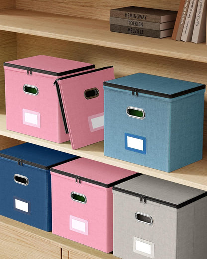 Oterri 2 Pack File Organizer Boxes with Lids, File Box with Mesh Pockets, Document Organizer Box for File Folders Letter Size, Zippers Filing Box for Home, Office, School (Green, Without Folders)