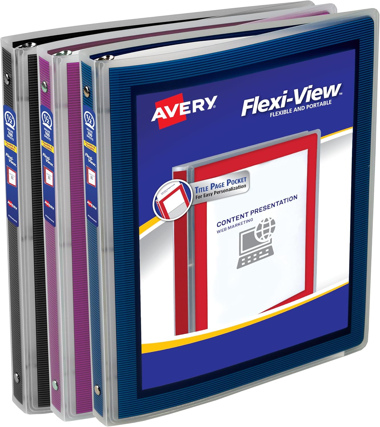 Avery Flexi-View 3 Ring Binders, 1/2 Inch Round Rings, Assorted Colors (Black, Burgundy, Navy Blue), Pack of 12 Binders (15760)