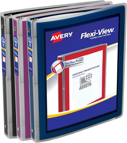 Avery Flexi-View 3 Ring Binders, 1/2 Inch Round Rings, Assorted Colors (Black, Burgundy, Navy Blue), Pack of 12 Binders (15760)