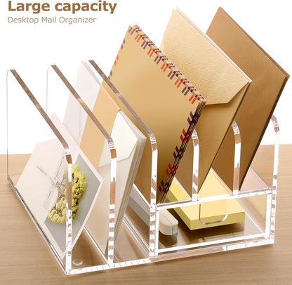 SANRUI 5 Compartments Acrylic Mail Sorter Holder, Clear Document Magazine Envelope File Rack, Vertical Letter Sorter & Multifunction Desk Organizer for Bills, Documents, Notebooks