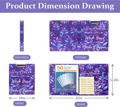 3 Ring Binder with Clipboard, 2 Pockets Purple 3 Ring Binder (11" x 8.6") Folders with Tab Dividers for Women School Office Supplies Portfolio