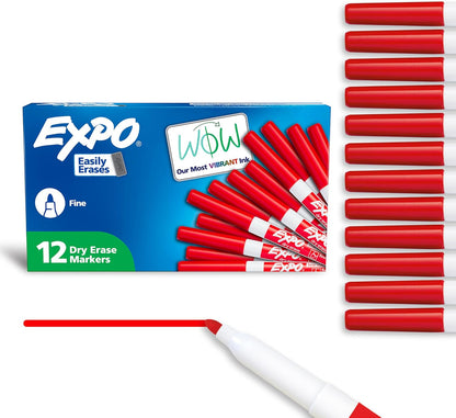 EXPO Dry Erase Markers, Low Odor Ink, Red, Fine Tip, 12 Count - Whiteboard, Calendar, Organization, Essential Supplies for Office, School, Classroom, Teachers