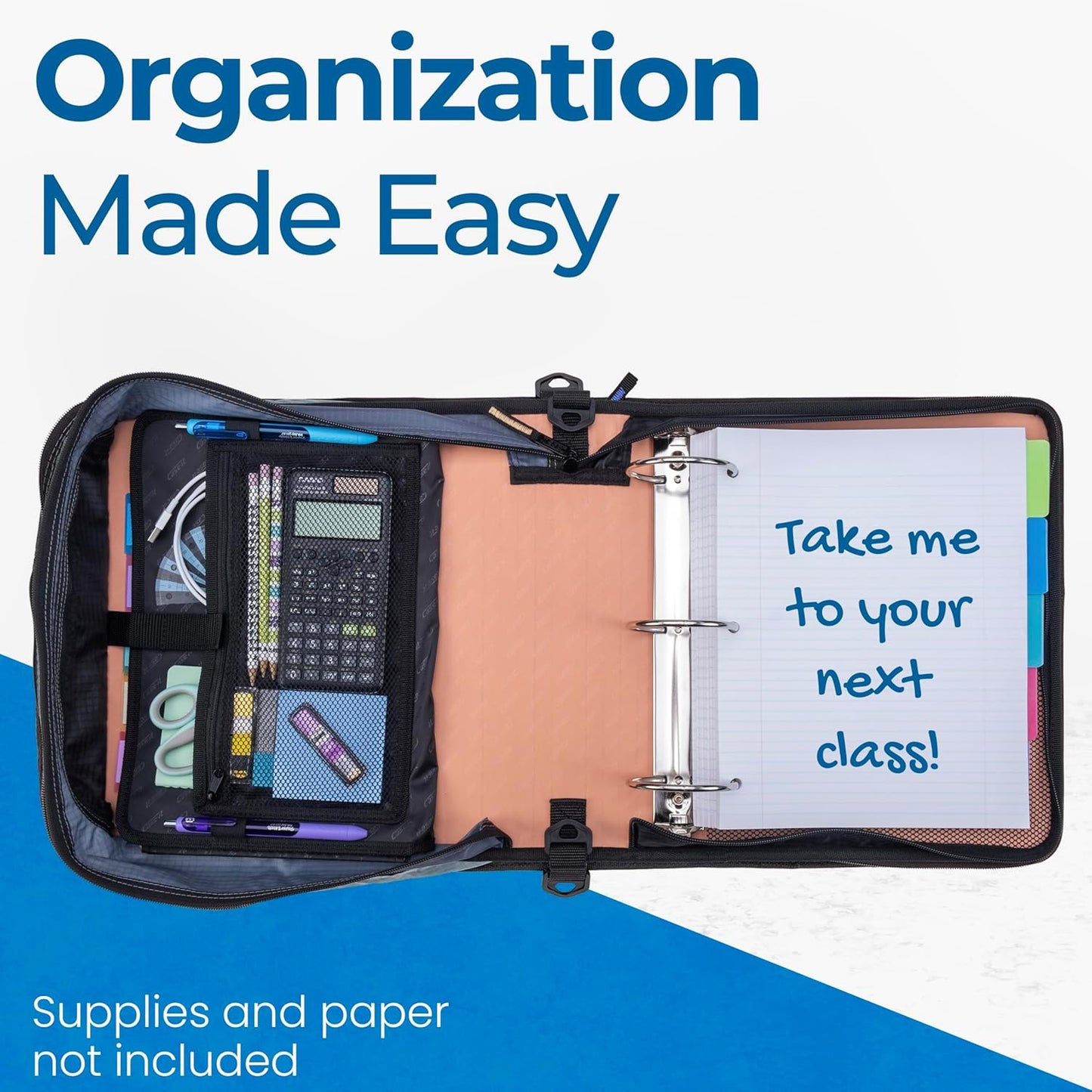 Case-it Mighty Zip Tab School Zipper Binder | 3-Inch O-Rings, 600-Sheet Capacity, 5-Subject Expanding File Folder, Multiple Pockets & Storage Organizer, Shoulder Strap | D-146 Jet Black