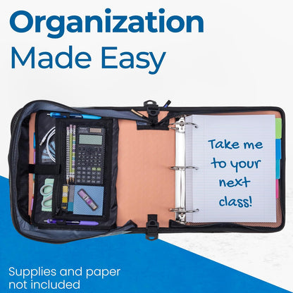 Case-it Mighty Zip Tab School Zipper Binder | 3-Inch O-Rings, 600-Sheet Capacity, 5-Subject Expanding File Folder, Multiple Pockets & Storage Organizer, Shoulder Strap | D-146 Jet Black