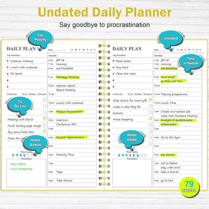 Daily Planner Undated, Asten To Do List Notebook Hourly Schedules Spiral Appointment Planner for Men and Women,PVC Hardcover,Elastic Closure, Inner Pocket 8.3" x 5.8" (Black)