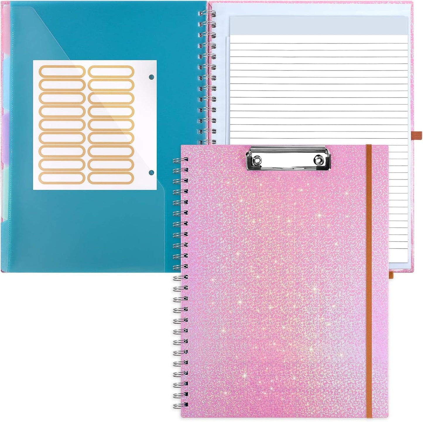 Glitter Clipboard Notebook with Storage for Letter Size, 8.5 x 11 Notepad Holder with 5 Folders and Dividers, Size 12.8X 9.7 in, Spiral Portfolio for Nursing Teacher School Supplies,.Teal