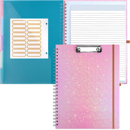 Glitter Clipboard Notebook with Storage for Letter Size, 8.5 x 11 Notepad Holder with 5 Folders and Dividers, Size 12.8X 9.7 in, Spiral Portfolio for Nursing Teacher School Supplies,.Teal