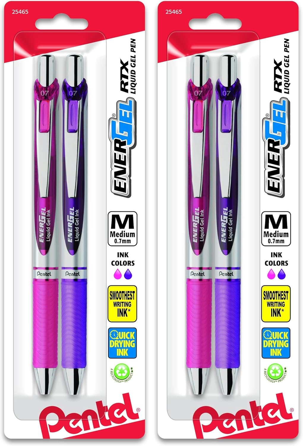 Pentel EnerGel RTX Retractable Liquid Gel Pen, Medium Line, Metal Tip, Pink/Violet Ink, 2-Pack (BL77BP2PV)