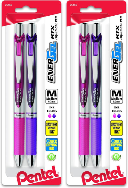 Pentel EnerGel RTX Retractable Liquid Gel Pen, Medium Line, Metal Tip, Pink/Violet Ink, 2-Pack (BL77BP2PV)