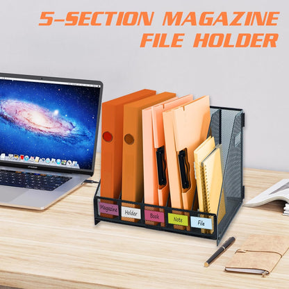 Magazine file holder for desk with 5 Vertical Compartments Folder Storage Binder Organizer for Office Home School Organization, Black