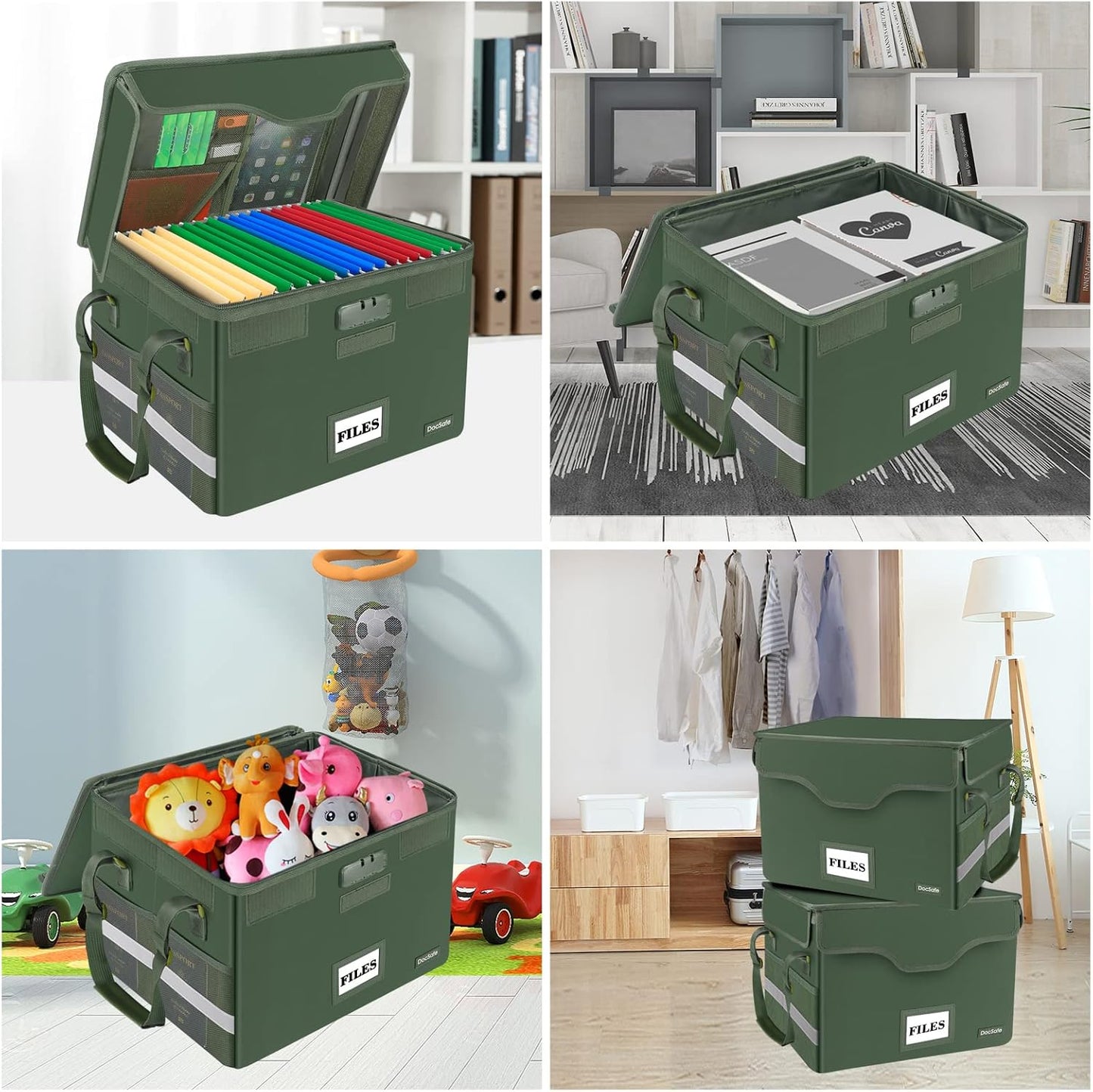 DocSafe Fireproof Document Box with Lock, File Storage Organizer with Mesh Pockets, Collapsible Portable File Box Home Office Safe Filing Cabinet with Handle for Hanging Letter/Legal Folder, Black