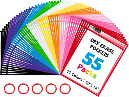 Gamenote Dry Erase Pockets 30 Pack with Rings, Oversized Reusable Plastic Sleeves Shop Job Ticket Holders Sheet Protectors Teacher Supplies Organization for Classroom Must Have, 10x14 Inches (Black)