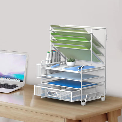 MINDEPOT 4-Tier Paper Organizer + 3-Pocket File Holder + Drawer + Pen Holders, Desktop File Organizers Paper Tray for Office Supplies School Classroom Organization (Black, No Drawer & Pen Holder)