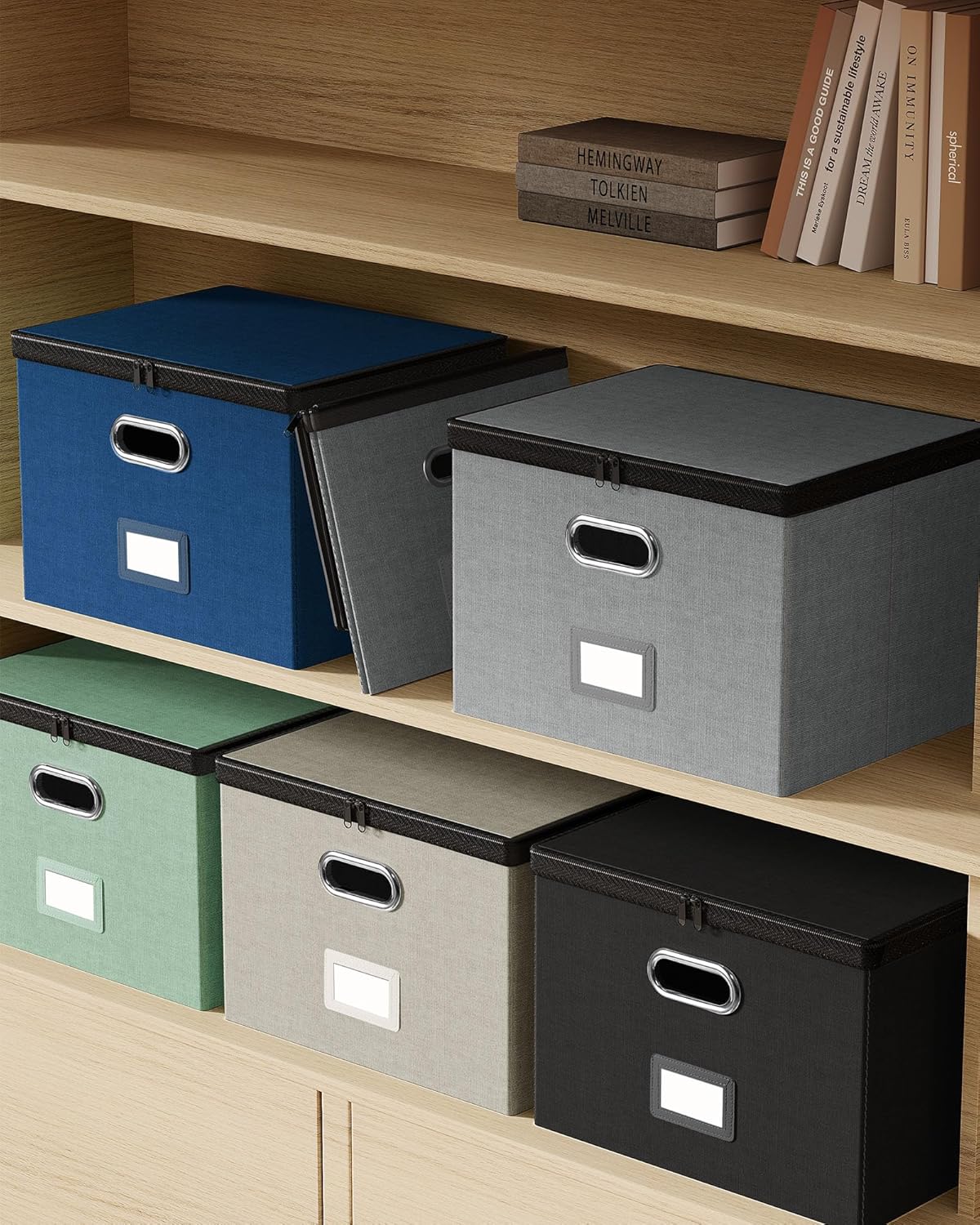 Oterri 2 Pack File Organizer Boxes with Lids, File Box with Mesh Pockets, Document Organizer Box for File Folders Letter Size, Zippers Filing Box for Home, Office, School (Green, Without Folders)