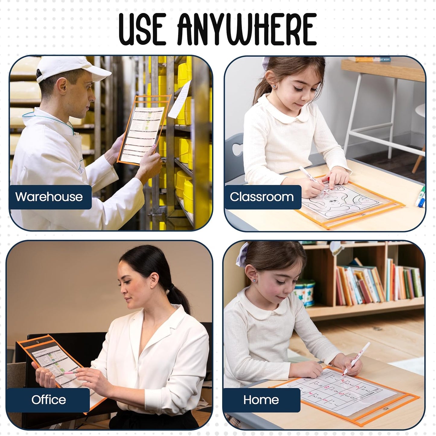 Essex Wares - 6 Pack, Assorted, Dry Erase Pocket Document Protectors, 10" Wide x 13.5" Tall- Dry Erase Clear Plastic Sleeves - Reusable & Easy Erase Plastic Invoice Holders, Water-Resistant & Durable