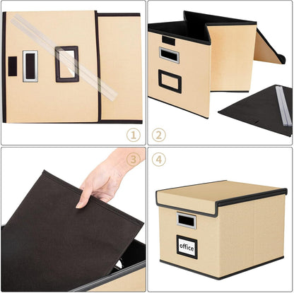 Huolewa Upgraded Portable File Organizer Box with Lid, Collapsible Linen Hanging Filing Storage Boxes with Plastic Slides, Decorative Home/Office Filing System Box for File and Folders Storage (Gray)