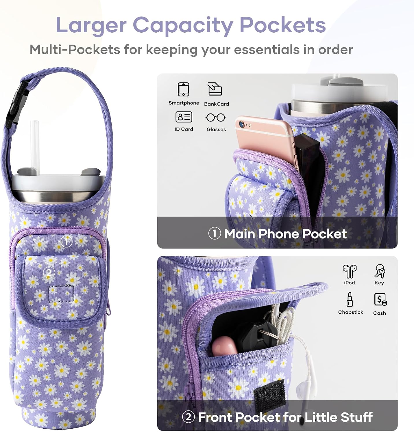Bufilea Carrier Bag with Phone Holder Pockets for Stanley 40/30oz Tumbler with Handle, Insulated Neoprene Crossbody Bag Cup Holder w/Shoulder & Handheld Straps Fits Stanley Cup Accessories