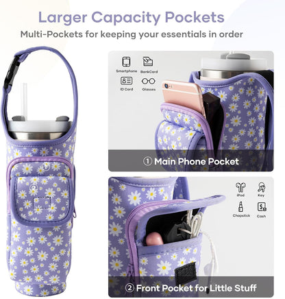 Bufilea Carrier Bag with Phone Holder Pockets for Stanley 40/30oz Tumbler with Handle, Insulated Neoprene Crossbody Bag Cup Holder w/Shoulder & Handheld Straps Fits Stanley Cup Accessories