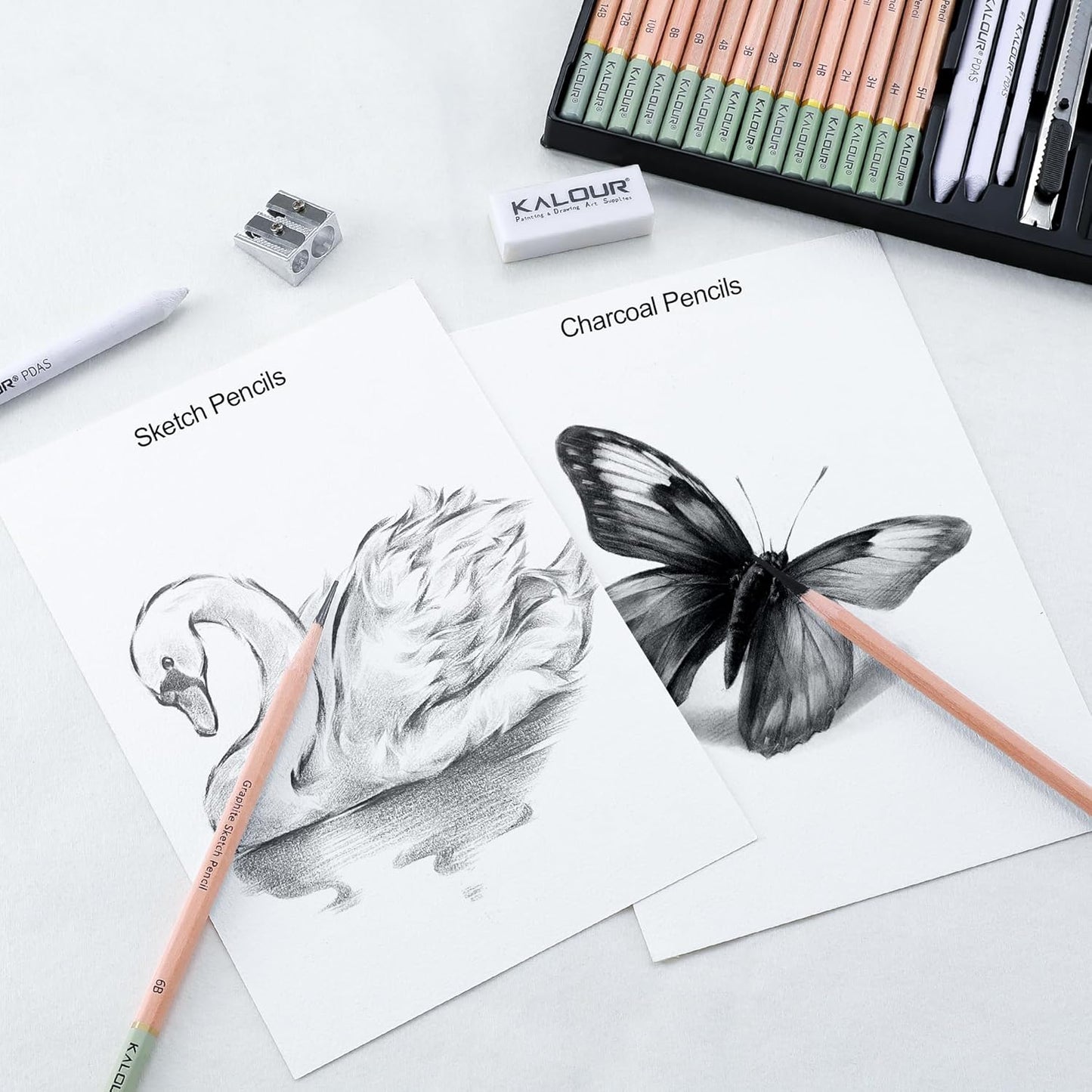 KALOUR 29 Pro Sketching Drawing Pencils Set with Roll-Up Nylon Case – 14 Graphite Pencils (14B–5H), Charcoal Pencils, Erasers, Sharpener & Stumps – Complete Art Kit for Artists & Beginner