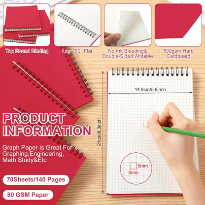 Engrowtic 2 Pack Graph Paper Spiral Notepad A5 Top Wirebound Notepad Grid Notebook Steno Pads Memo Notebook Grid Paper 140 Pages for Writing Sketching Drawing Office Supplies (Black)