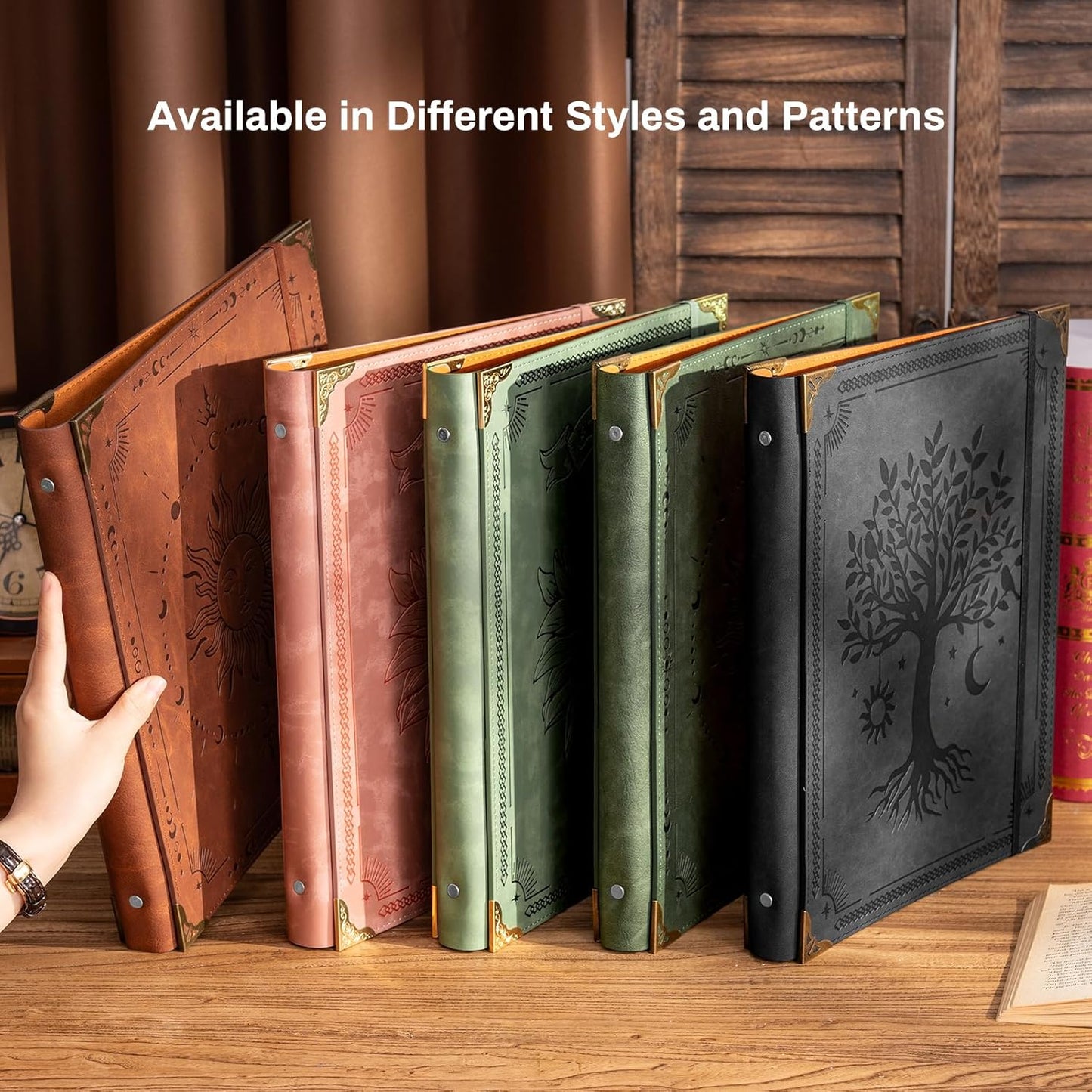 Ovesmusl Leather 3 Ring Binder Fits 8.5"x11" Letter Size Paper, 1 Inch Round Ring Binder Holds 200 Sheets, Notebook Cover Loose Leaf Organizer, Green Tree