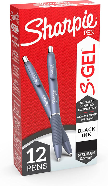 Sharpie S-Gel, Gel Pens, Medium Point (0.7mm), Assorted Fashion Barrels, Black Ink, 12 Count - Office, Teacher, School Supplies