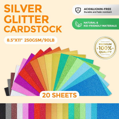 BigOtters 20 Sheets Glitter Cardstock, 10 Colors Premium Card stock Paper for Scrapbook and Craft Projects, Back to School Supplies, 8.5 x 11 Inch, 250GSM