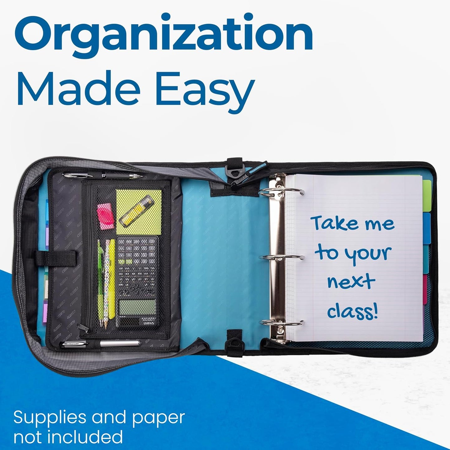 Case-it Mighty Zip Tab School Zipper Binder | 3-Inch O-Rings, 600-Sheet Capacity, 5-Subject Expanding File Folder, Multiple Pockets & Storage Organizer, Shoulder Strap | D-146 Jet Black