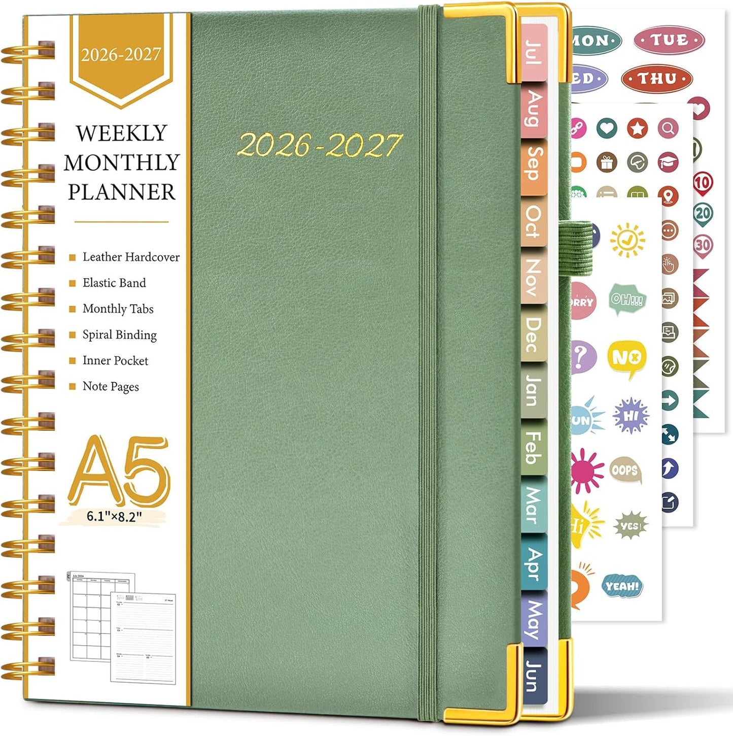 2026 Planner, Weekly and Monthly Calendar Planner from January 2026 - December 2026, 8.5" x 11" Hardcover Leather Hourly Appointment Book with Tabs, Spiral Daily Planners for School Work Home, Green