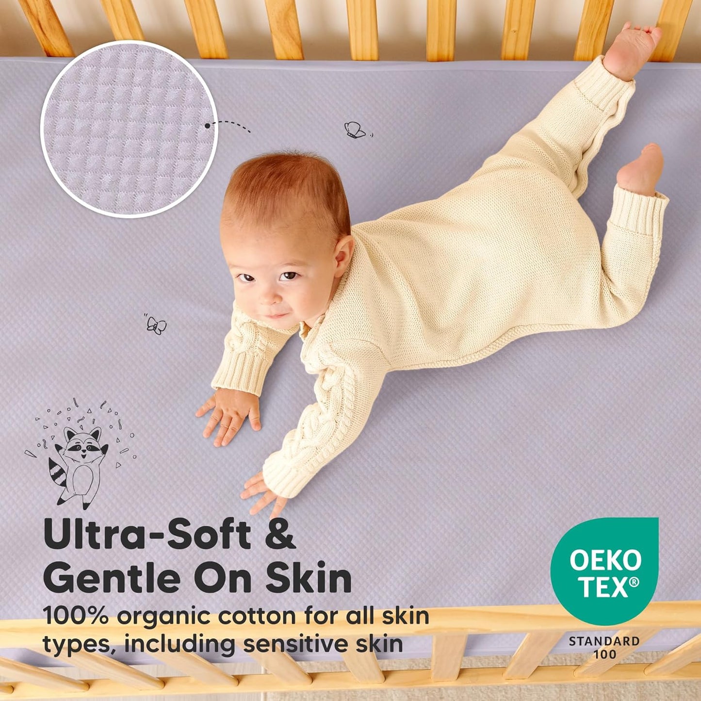 2-Pack Waterproof Crib Mattress Protector Cover Fitted - Quiet Baby Crib Mattress Pad Sheets, 52" x 28" Soft Quilted Cotton Baby Sheet, Machine Washable, Easy Fit, Durable (Soft White/Mavy)