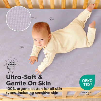 2-Pack Waterproof Crib Mattress Protector Cover Fitted - Quiet Baby Crib Mattress Pad Sheets, 52" x 28" Soft Quilted Cotton Baby Sheet, Machine Washable, Easy Fit, Durable (Soft White/Mavy)