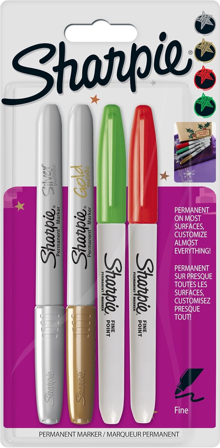 Sharpie Permanent Markers | Fine Point for Bold Details | BlackBlueRed and Green Ink Colours | 4 Marker Pens