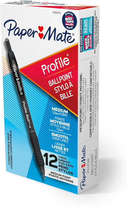 Paper Mate Profile Ballpoint Pens, Retractable, Medium Point (1.0mm), Black, 12 Count - Soft Comfort Grip