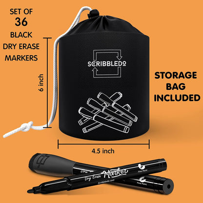 Scribbledo 36-Pack Black Fine Tip Dry Erase Markers with Eraser Cap | Low-Odor Whiteboard Markers for Office, Workplace, Medical & Professional Use
