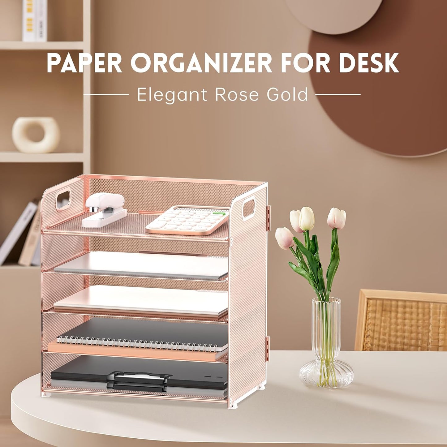 Supeasy 5 Trays Paper Organizer Letter Tray with Handle-Mesh Desk File Holders, Paper Sorter Desk Organizer for Office, Home, Classroom or School