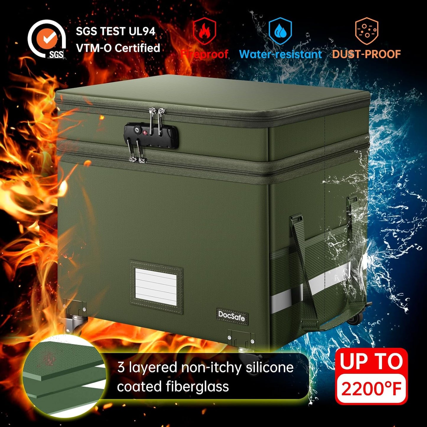 DocSafe Fireproof Document Box with Lock,2-Layer File Box with Wheels,Collapsible File Storage Organizer with Pockets,Large Portable Home Filing Cabinet for Hanging Folders,Black,16''x13.8''x12.2''