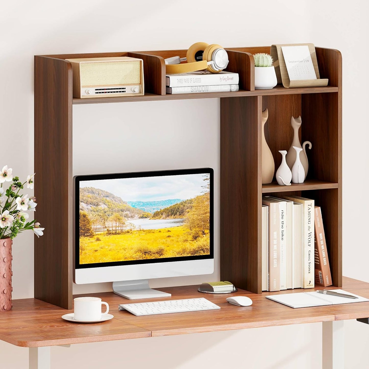 Tangkula Desktop Bookshelf, Countertop Storage Hutch with 5 Shelves for Computer Desk, Desk 3-Tier Display Rack, Multipurpose Wood Desktop Hutch Storage Organizer for Dorm Office Home