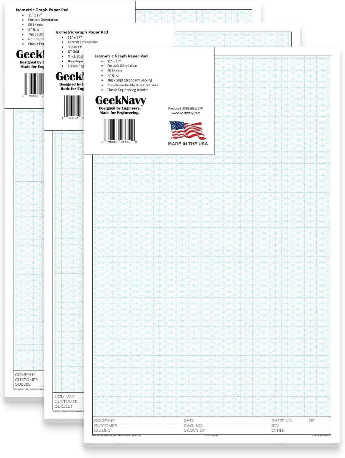 GeekNavy 8.5" x 11" Isometric Graph Paper 50 Sheets Portrait - 0.25" Grid, Non-photo Blue, High Brightness, Drafting, Engineering, Art, 3D Design (1-Pack)