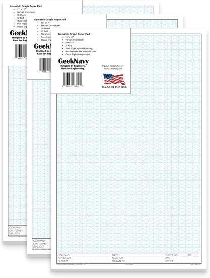 GeekNavy 8.5" x 11" Isometric Graph Paper 50 Sheets Portrait - 0.25" Grid, Non-photo Blue, High Brightness, Drafting, Engineering, Art, 3D Design (1-Pack)