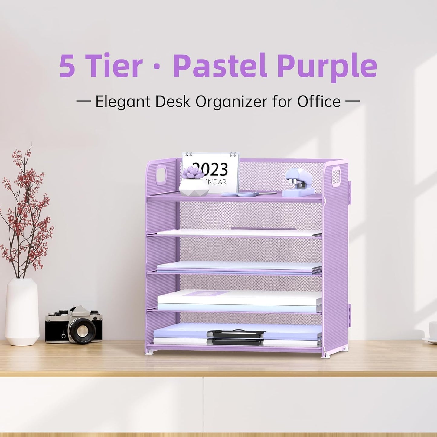 Supeasy 5 Trays Paper Organizer Letter Tray with Handle-Mesh Desk File Holders, Paper Sorter Desk Organizer for Office, Home, Classroom or School