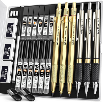 Nicpro 6PCS Art Mechanical Pencil Set, 3PCS Metal Drafting Pencil 0.5 mm & 0.7 mm & 0.9 mm & 3PCS 2mm Graphite Lead Holder (2B HB 2H) For Writing, Sketching Drawing With Lead Refills Case