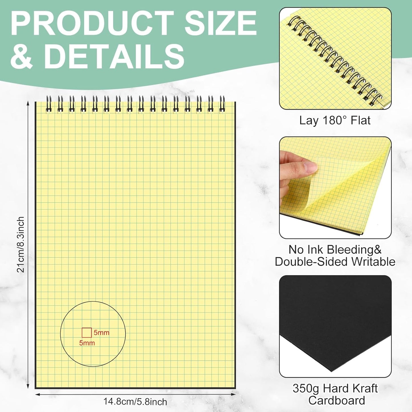 Engrowtic 2 Pack Graph Paper Spiral Notepad A5 Top Wirebound Notepad Grid Notebook Steno Pads Memo Notebook Grid Paper 140 Pages for Writing Sketching Drawing Office Supplies (Black)