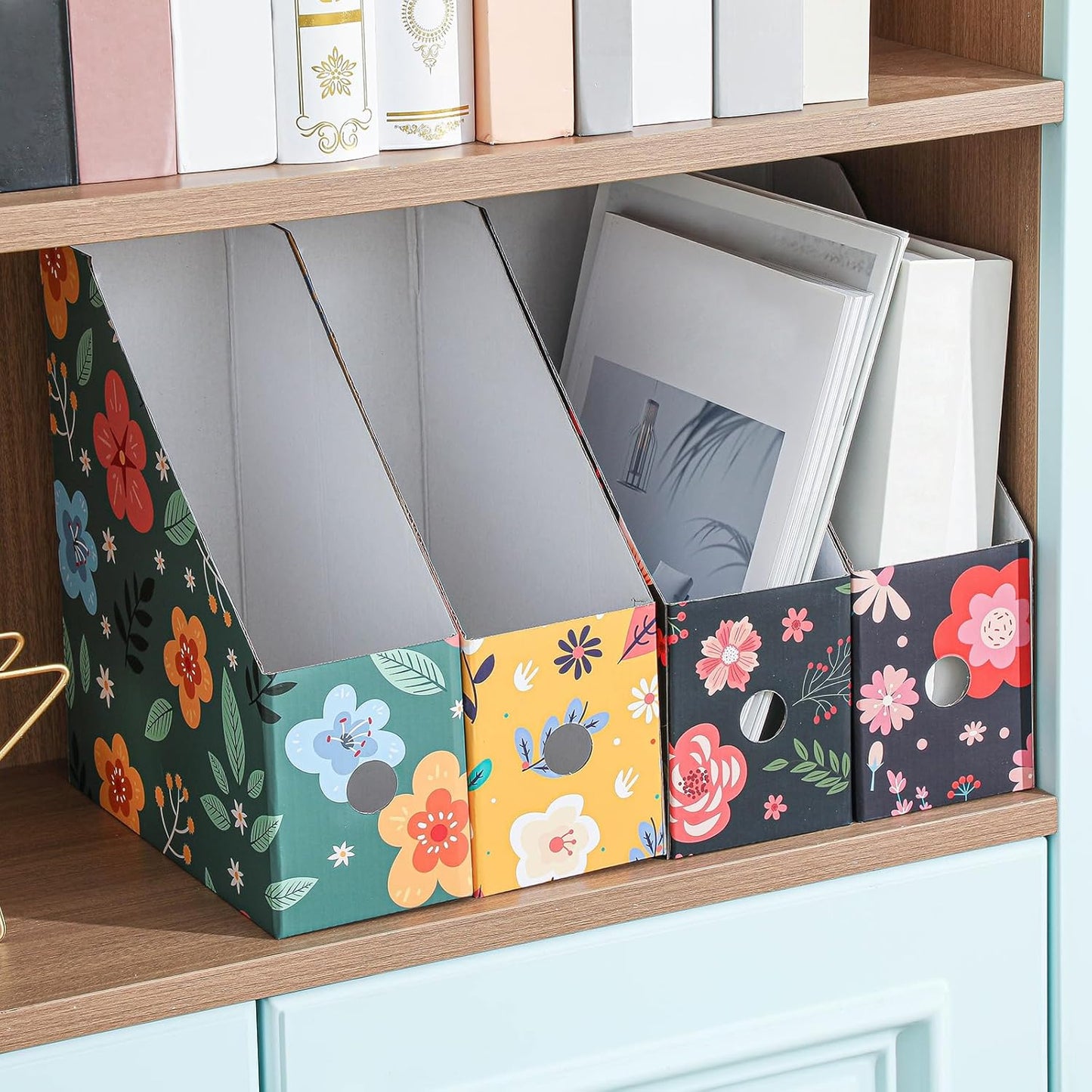 PerKoop 6 Pcs Decorative Magazine File Holders Floral Foldable File Folders Magazine Storage Boxes Rack Desk Organizer Documents with Printable Labels for School Office Home (Floral)