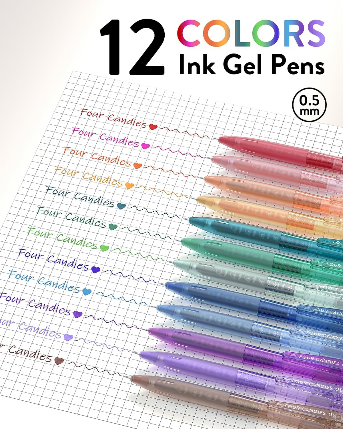 Four Candies 12Pack 0.5mm Quick Dry Retractable Gel Pen Set, Cute Transparent Fine Point Multicolor Note Taking Aesthetic lnk Pens, Comfort Grip 12 Ink Colors Drawing Writing School Office Home