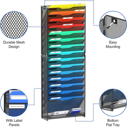 samstar 10 Tier Wall File Organizer, Hanging Wall Mount File Holder Paper Folder Mail Organizer, Mesh Metal, Black.