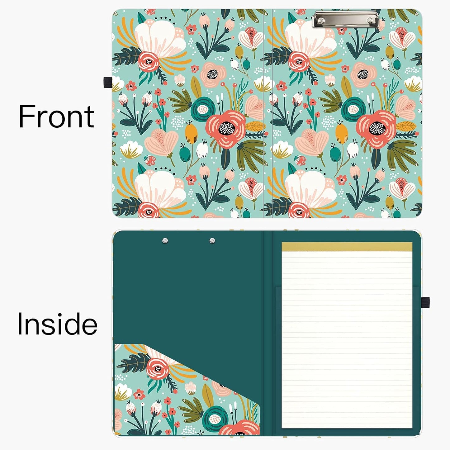 Hongri Clipboard Folio with Refillable Lined Notepad and Interior Storage Pocket for Students, Classroom, Office, Women, Man, Cute Custom Pattern, Size 12.8 x 9.2 in, Classic Flower